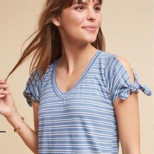 Left of Center Top M Blue Stripe Cold Shoulder Bow